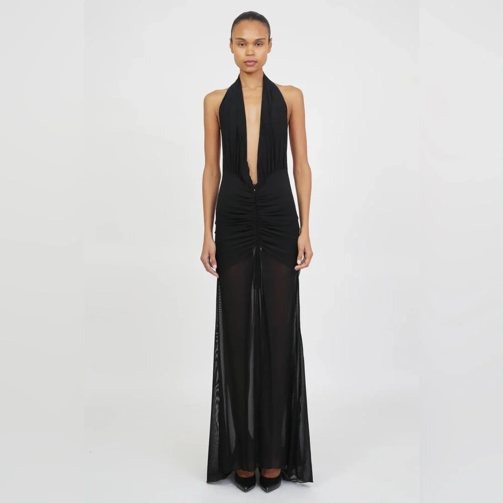 mesh ruched drawstring maxi dress Kim Shui | Dresses | Kim Shui Mesh Maxi Halter Dress In Black Small